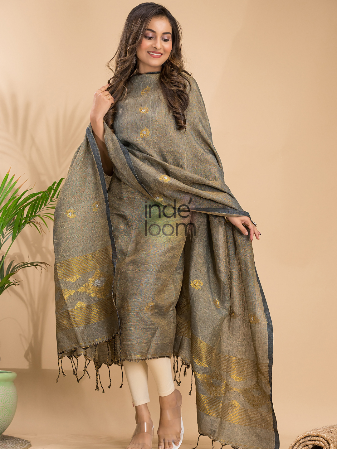 Olive Grey Tissue Linen 2-Piece Set Kurti & Dupatta (UNSTITCHED) - 048