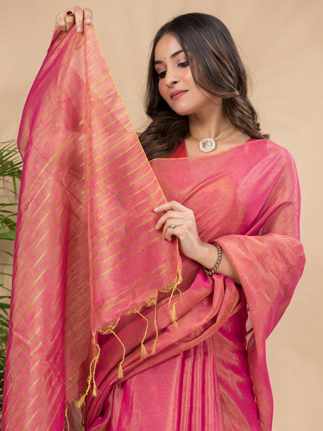 Tissue Linen Handloom Saree With Peach Pink - 023