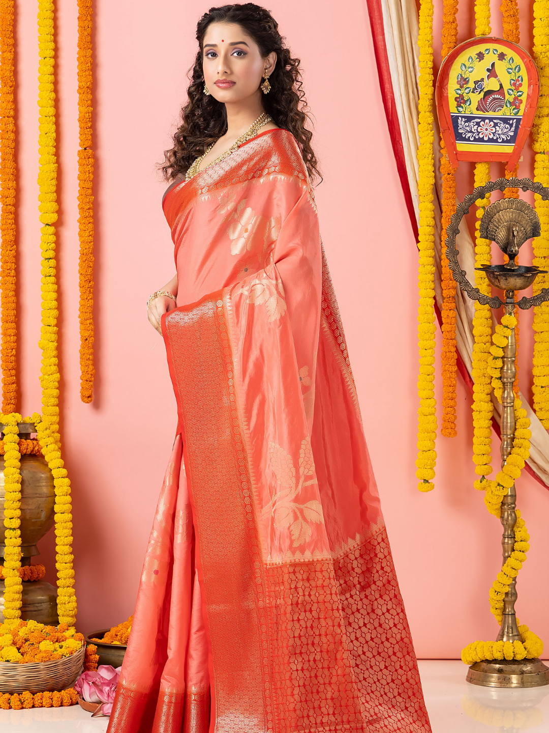 Classic Benarasi Semi Silk Saree | Coral Pink