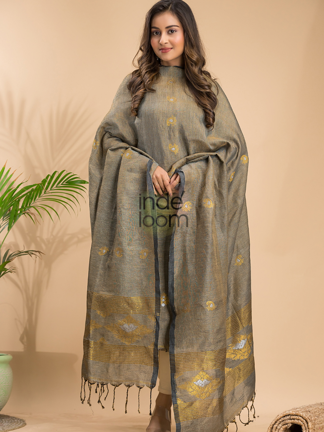 Olive Grey Tissue Linen 2-Piece Set Kurti & Dupatta (UNSTITCHED) - 048