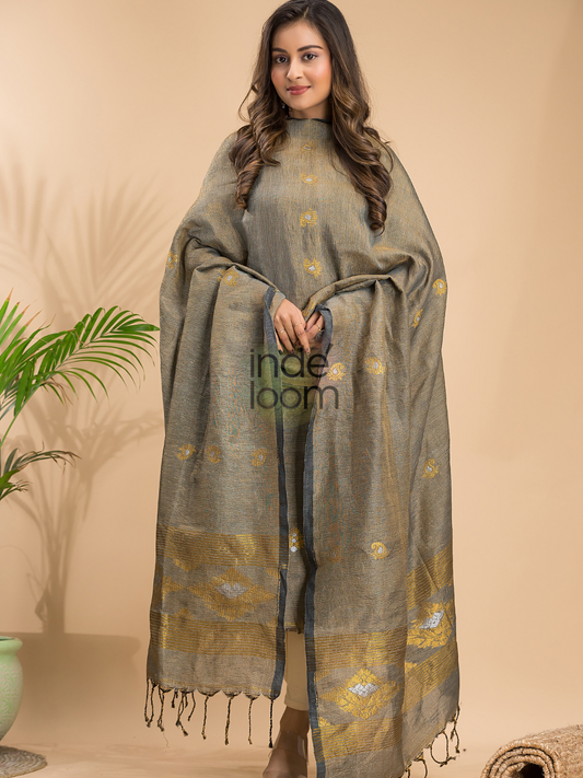 Olive Grey Tissue Linen 2-Piece Set Kurti & Dupatta (UNSTITCHED) - 048