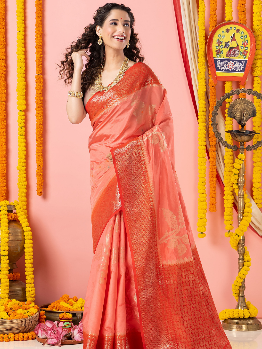 Classic Benarasi Semi Silk Saree | Coral Pink
