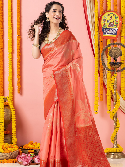 Classic Benarasi Semi Silk Saree | Coral Pink