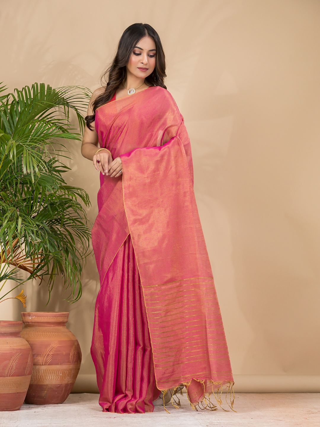 Tissue Linen Handloom Saree With Peach Pink - 023