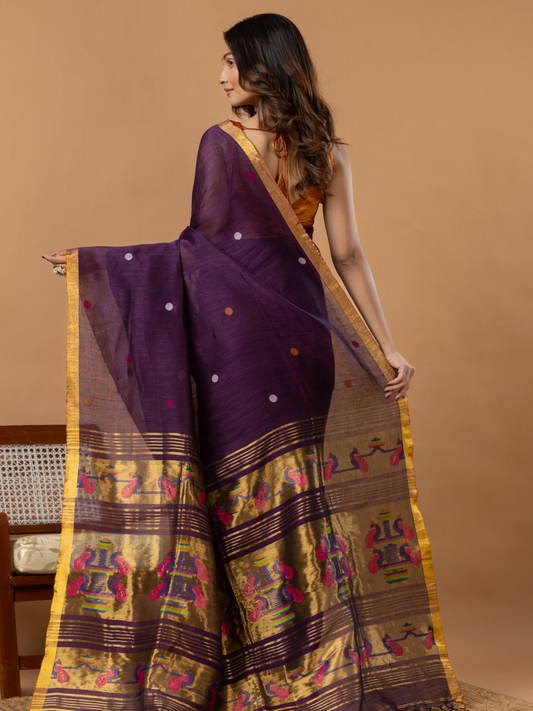 Handwoven Jamdani Silk Tissue Linen Saree | Royal Purple