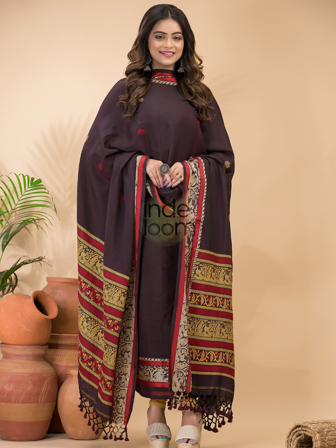 Dark Maroon Baluchari Linen 2-Piece Set Kurti & Dupatta (UNSTITCHED) - 049