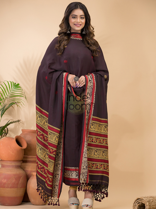 Dark Maroon Baluchari Linen 2-Piece Set Kurti & Dupatta (UNSTITCHED) - 049
