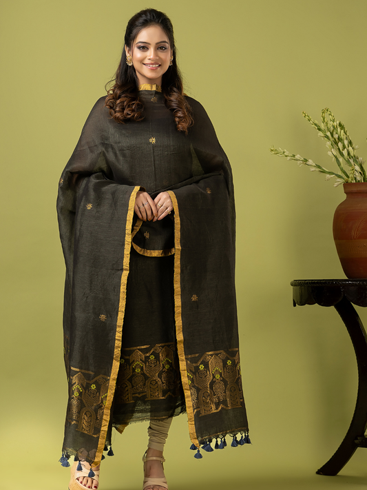 Handwoven Jamdani Linen Unstitched 2-piece Kurti | Charcoal Black