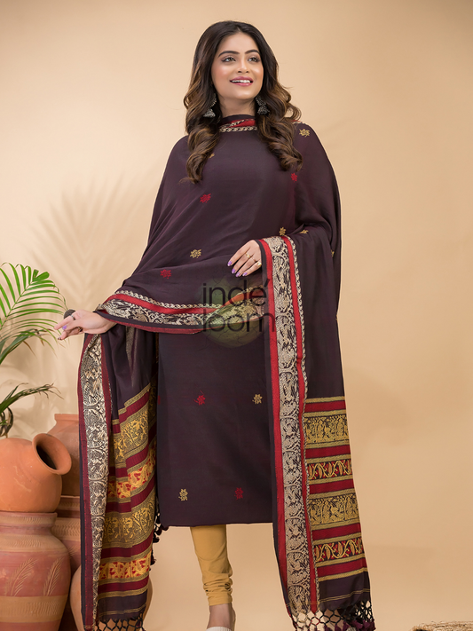 Dark Maroon Baluchari Linen 2-Piece Set Kurti & Dupatta (UNSTITCHED) - 049