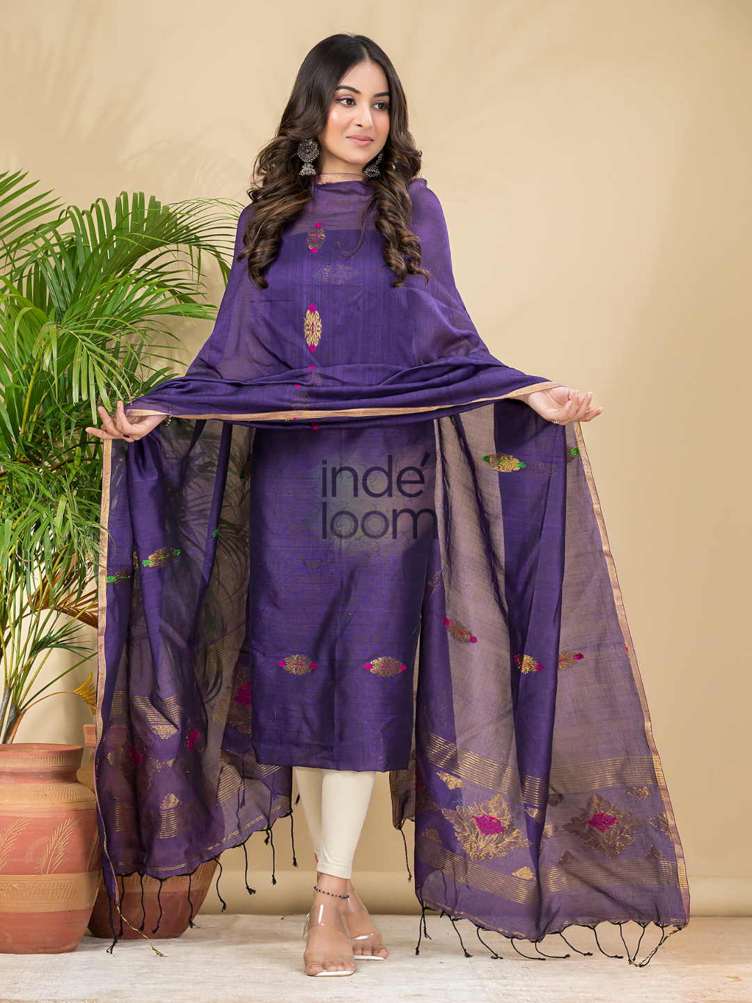 Grape Purple Mercerised Cotton Meenakari Motif 2-Piece Kurti & Dupatta (UNSTITCHED)-874