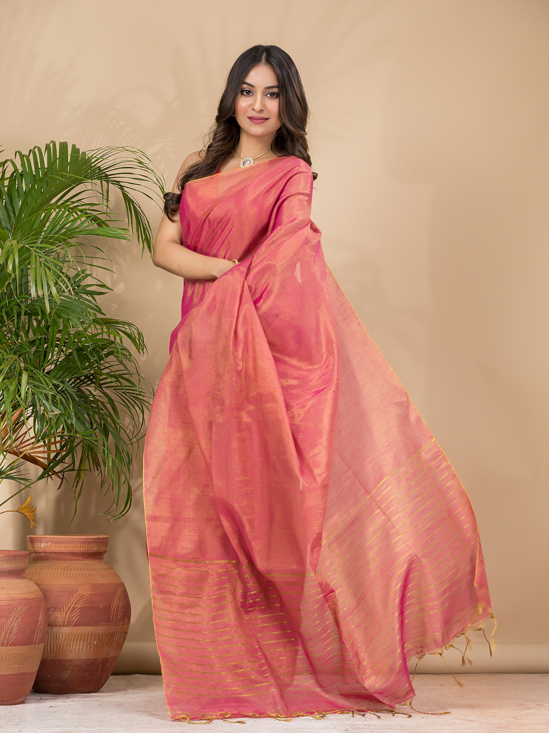 Tissue Linen Handloom Saree With Peach Pink - 023