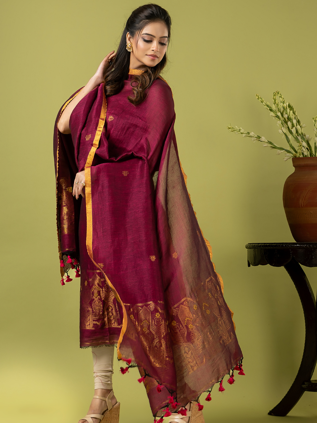 Handwoven Jamdani Linen Unstitched 2-piece Kurti | Wine Red
