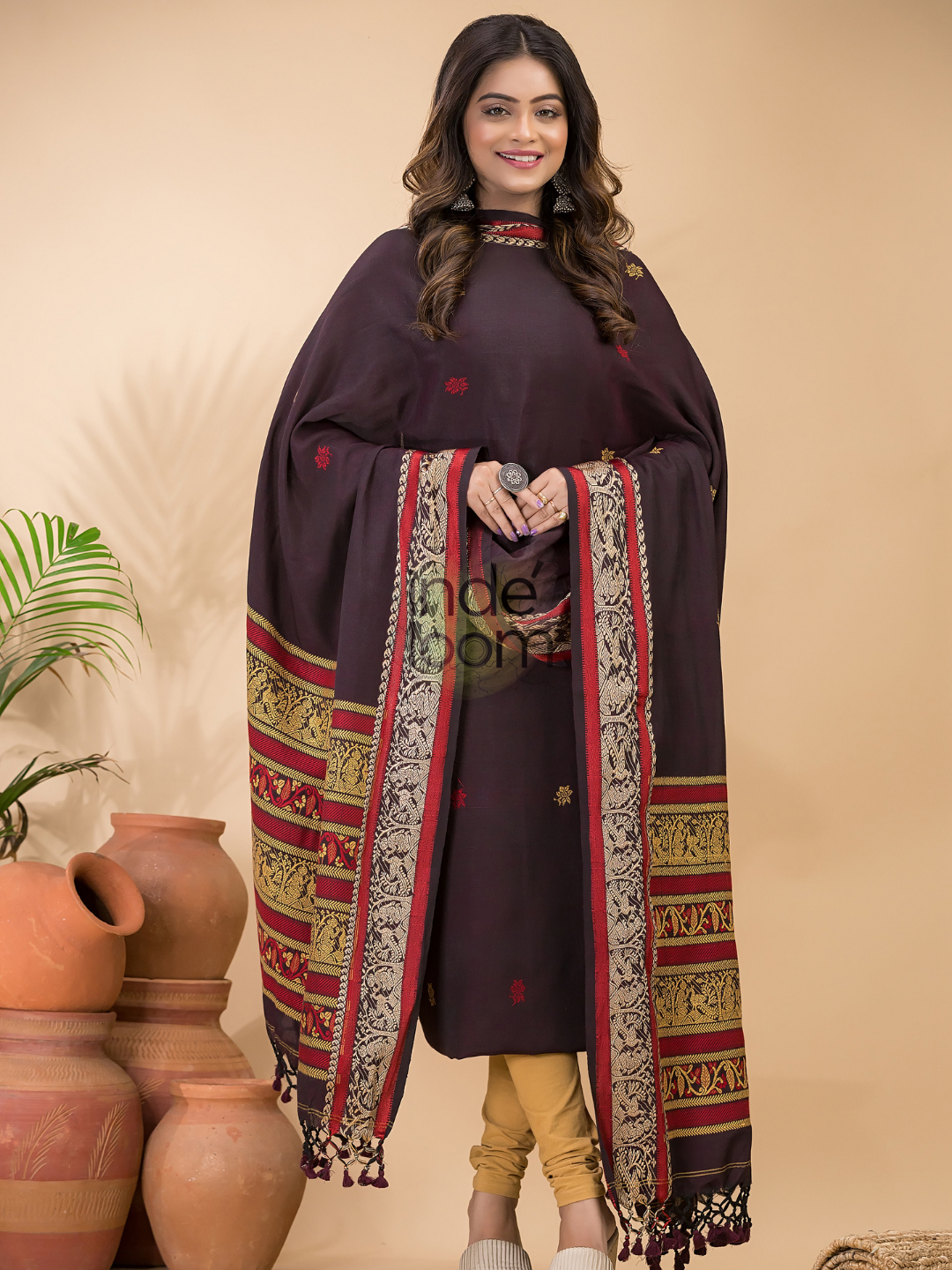 Dark Maroon Baluchari Linen 2-Piece Set Kurti & Dupatta (UNSTITCHED) - 049
