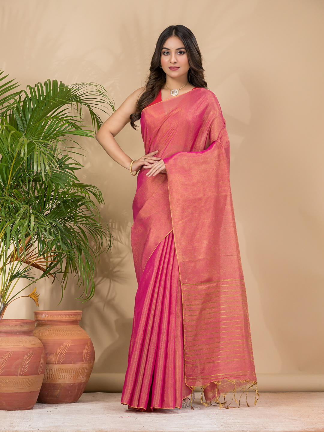 Tissue Linen Handloom Saree With Peach Pink - 023
