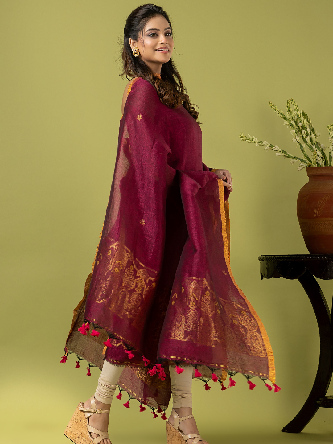 Handwoven Jamdani Linen Unstitched 2-piece Kurti | Wine Red