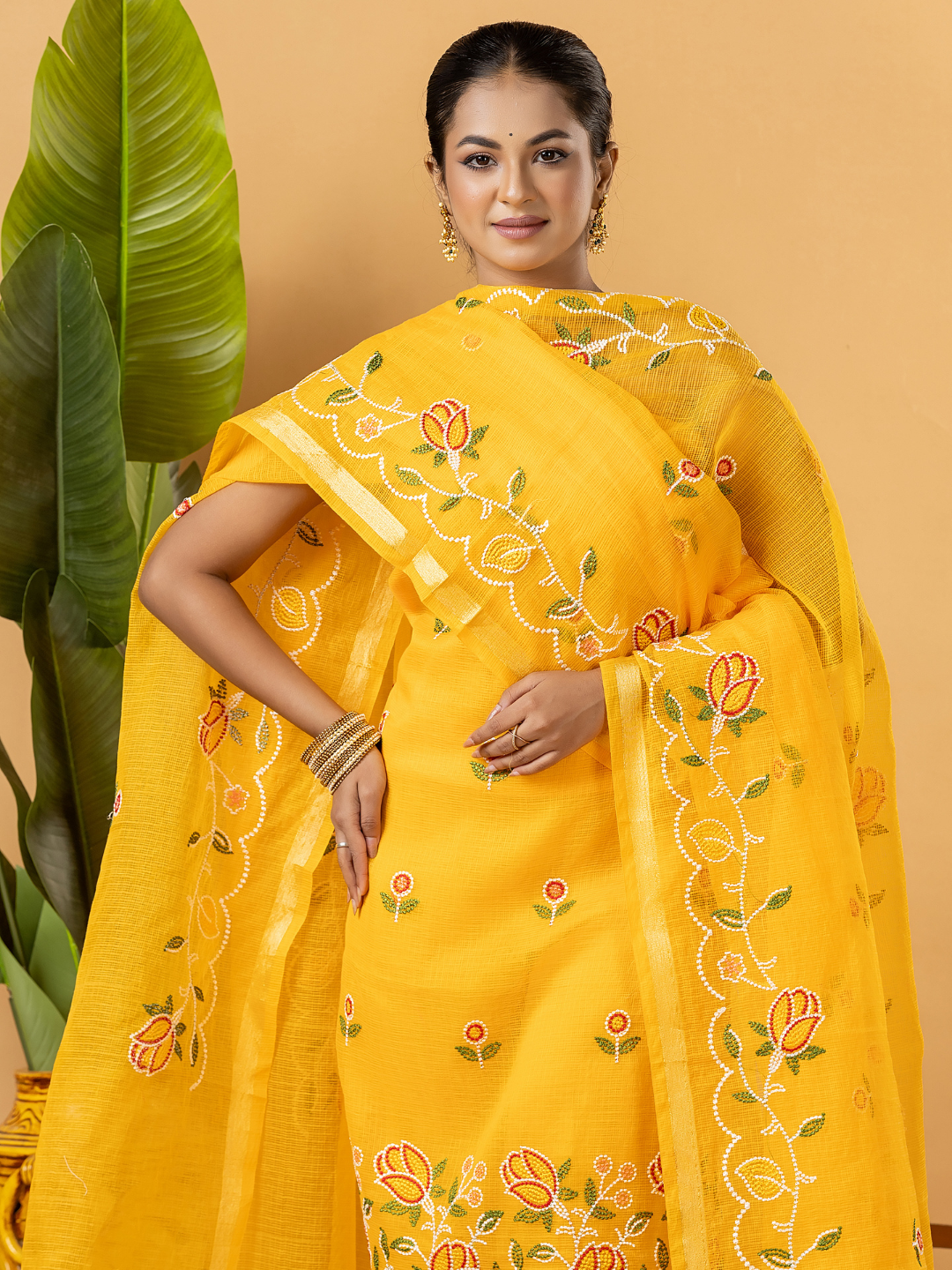 Classic Kota Doria Cotton Unstitched 2-Piece Kurti | Marigold Yellow