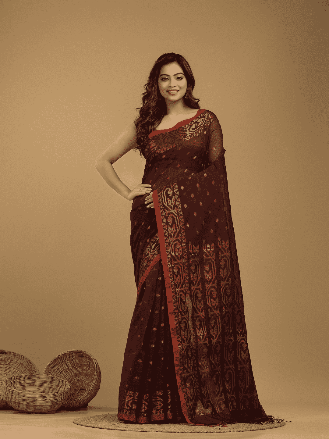 Jamdani Saree With Red Brown - 15 - indeloom