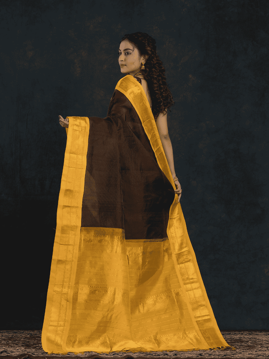 Pure Handloom Korvai Silk Cotton Saree in Classic Warm Black Yellow Border - 156