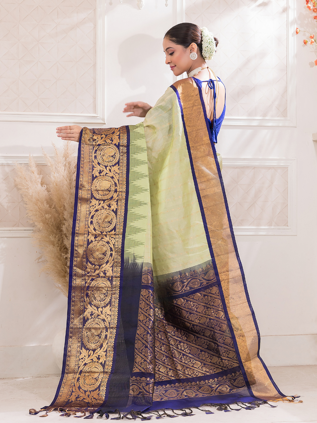 Pure Handloom Korvai Silk Cotton Saree in With Light Green and Golden Blue Border- 008