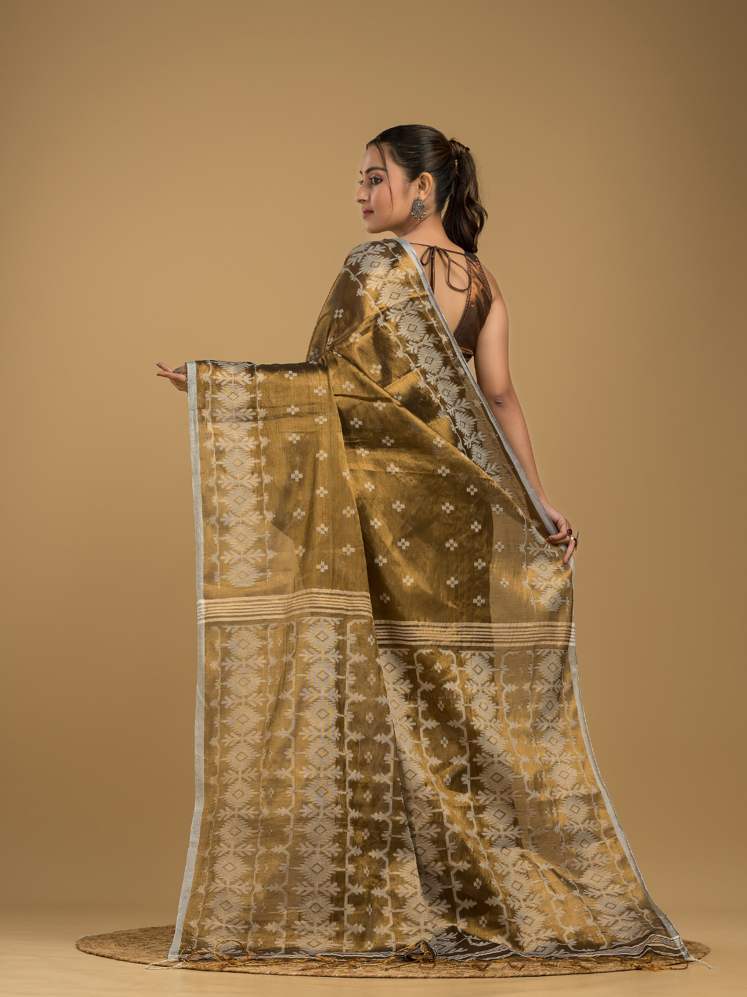 Tissue Silk Jamdani Saree Dark Green -045
