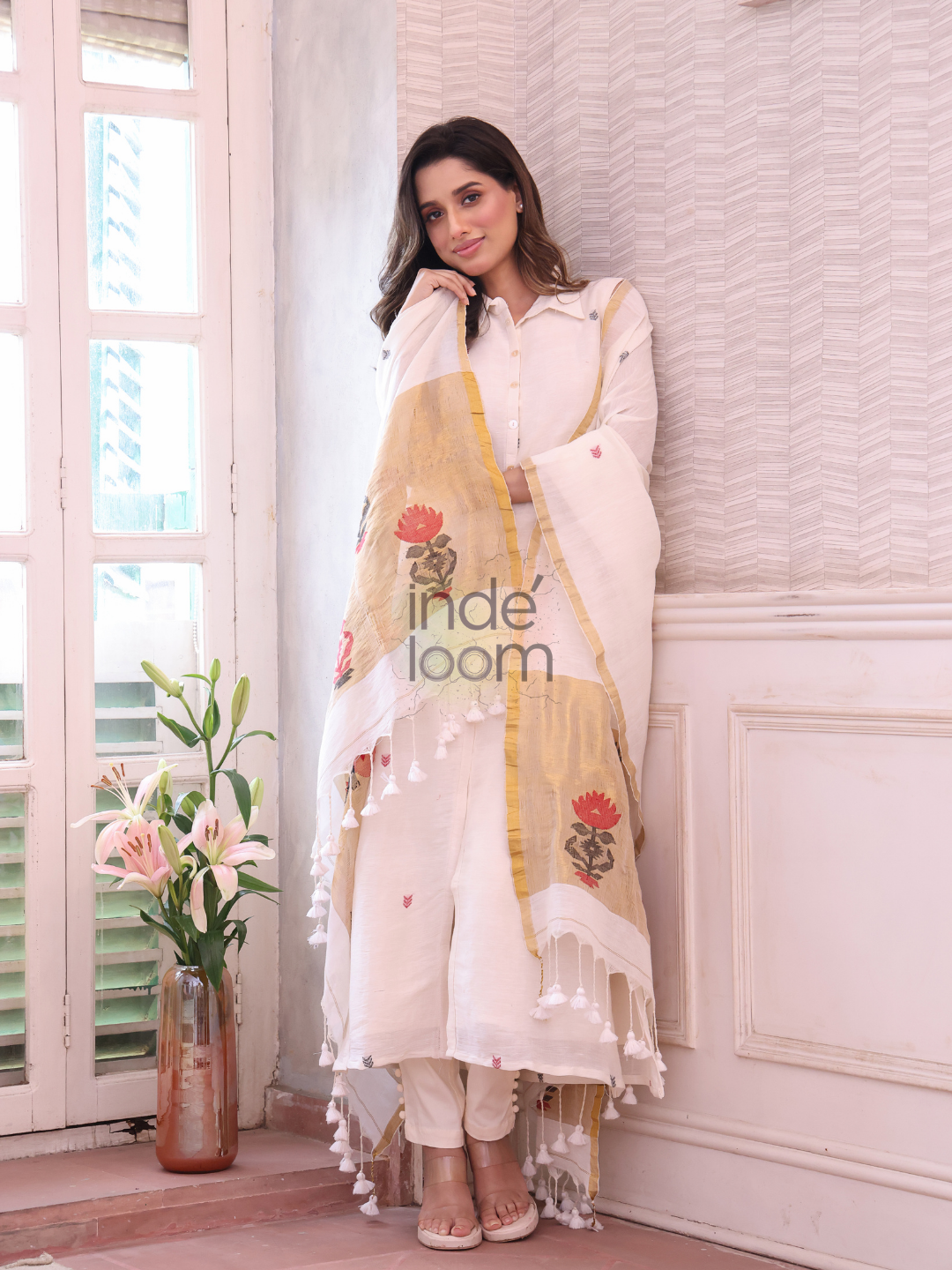 Cream White Tissue Linen 2-Piece Set Kurti & Dupatta (UNSTITCHED) - 306