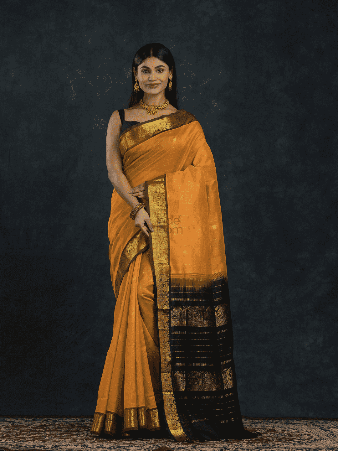 Pure Handloom Korvai Saree in Golden Yellow & Black Border In Zari Checks- 139