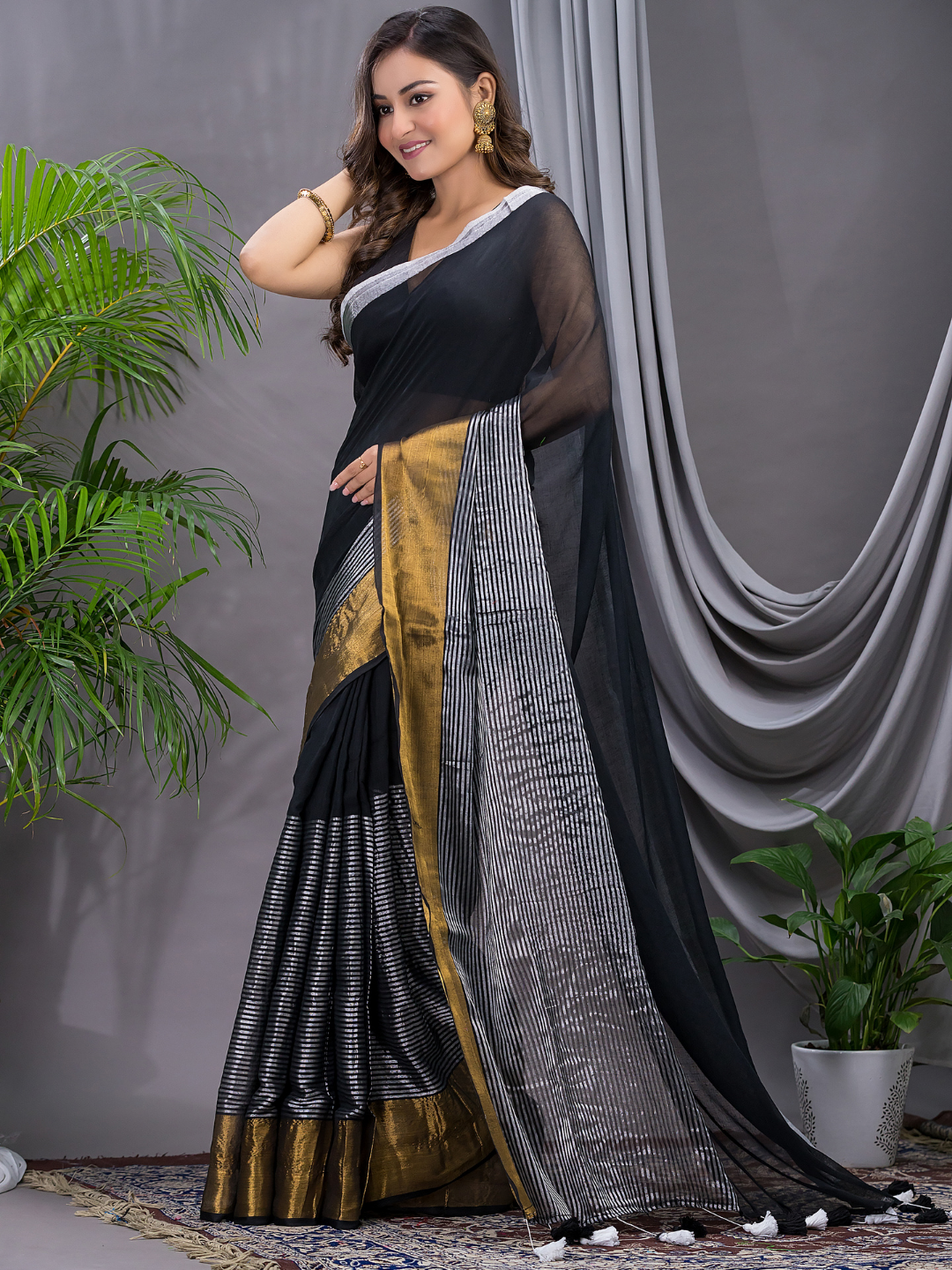 Tissue Silk Saree With Super Black - 011