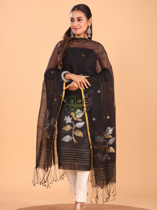Space Black Muslin Jamdani 2-Piece Set Kurti & Dupatta (UNSTITCHED) - 084