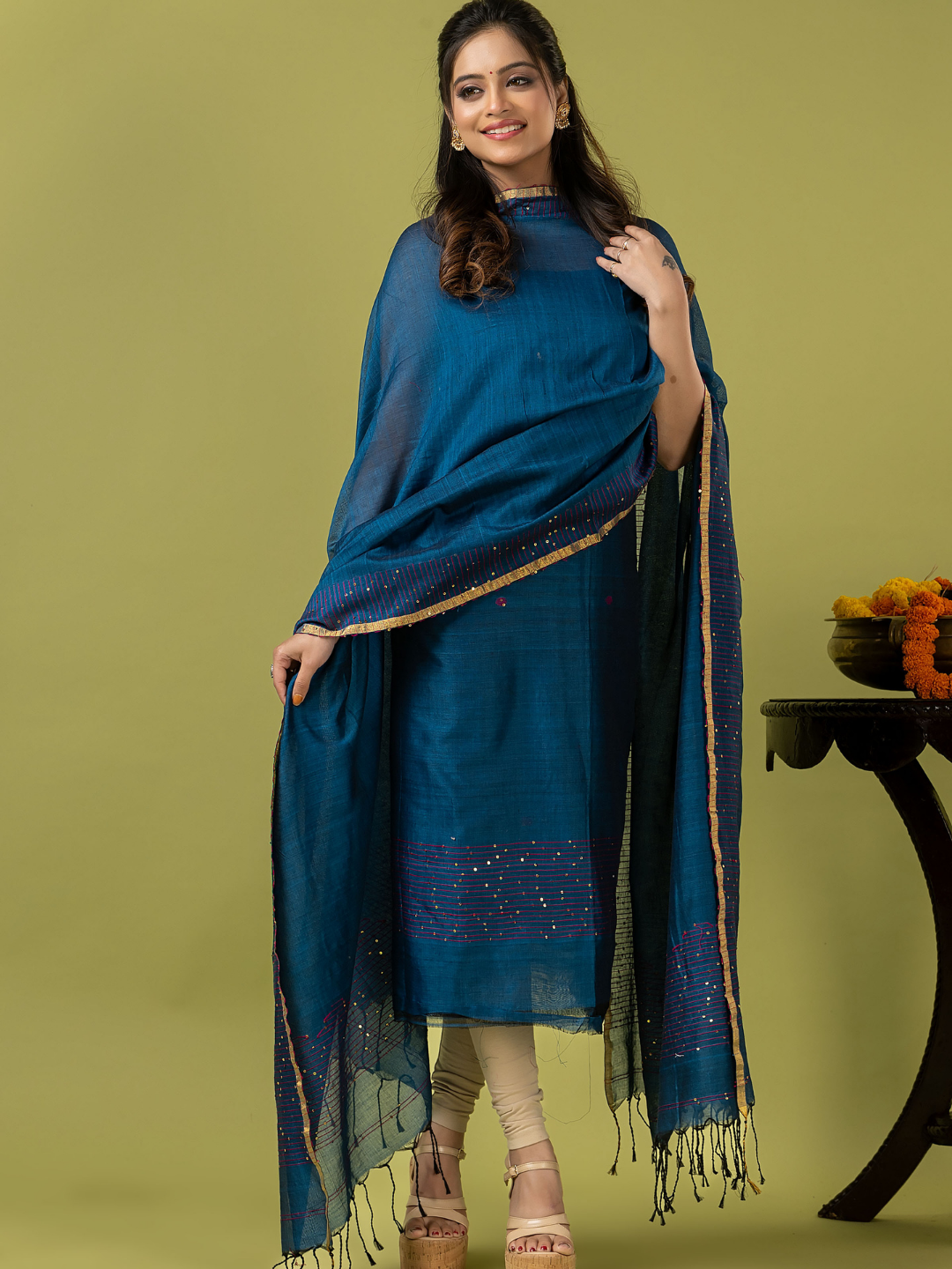 Handwoven Jamdani cotton Unstitched 2-piece Kurti | Peacock Teal Blue