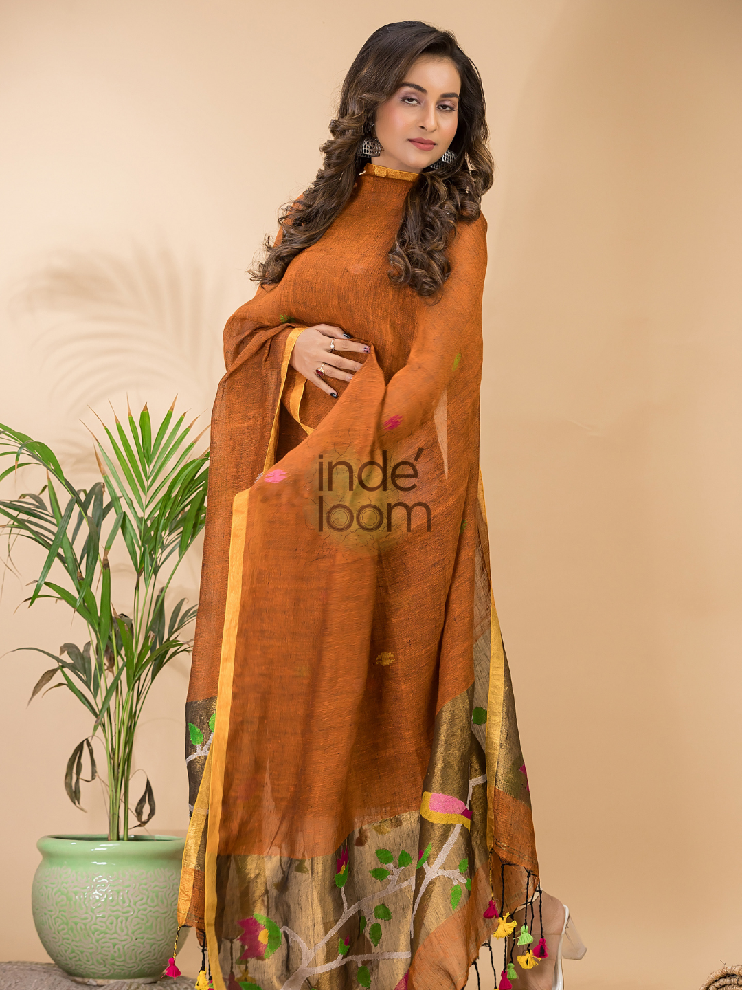 Dark Orange Linen X Linen 2-Piece Set Kurti & Dupatta (UNSTITCHED) - 077