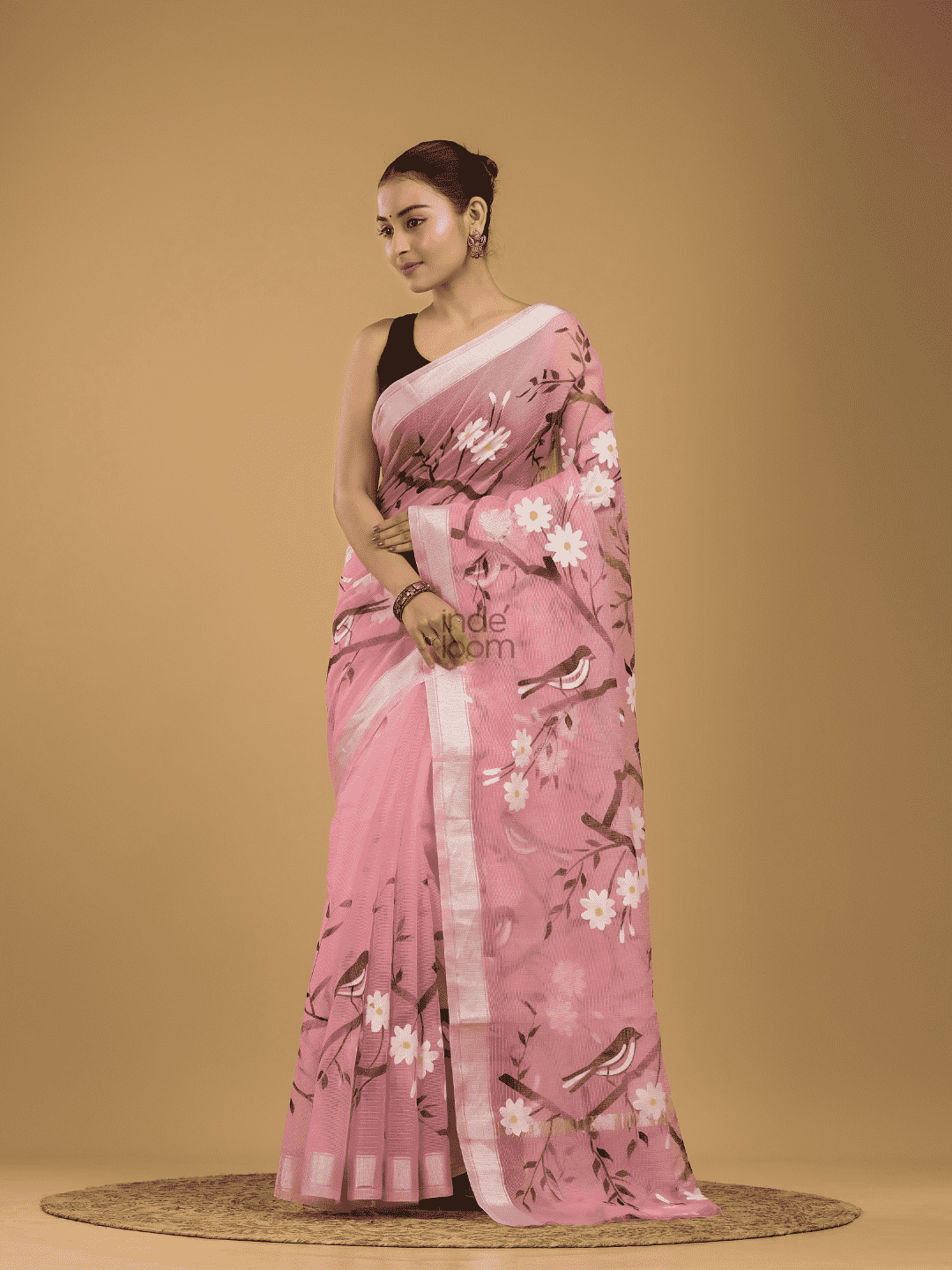 Kota Doria Handpainted Saree With Baby Pink - 005 - indeloom