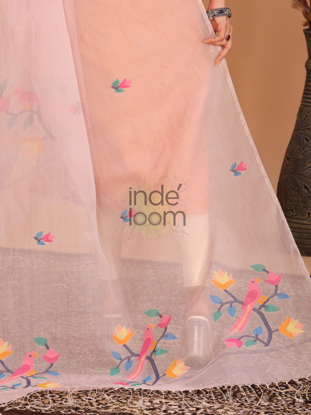 Pure Handloom Muslin Jamdani Dupatta With Light Pink - 009