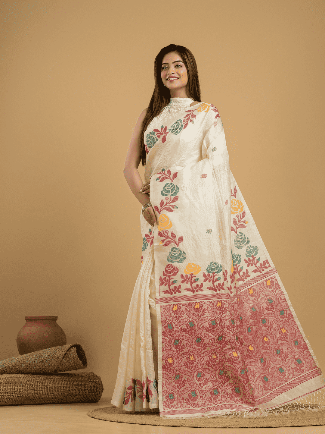 Beige Brown Matka Silk Jamdani Saree - 047 - indeloom