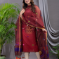 Cherry Red Cotton Silk Jamdani 2-Piece Set Kurti & Dupatta (UNSTITCHED) - 105