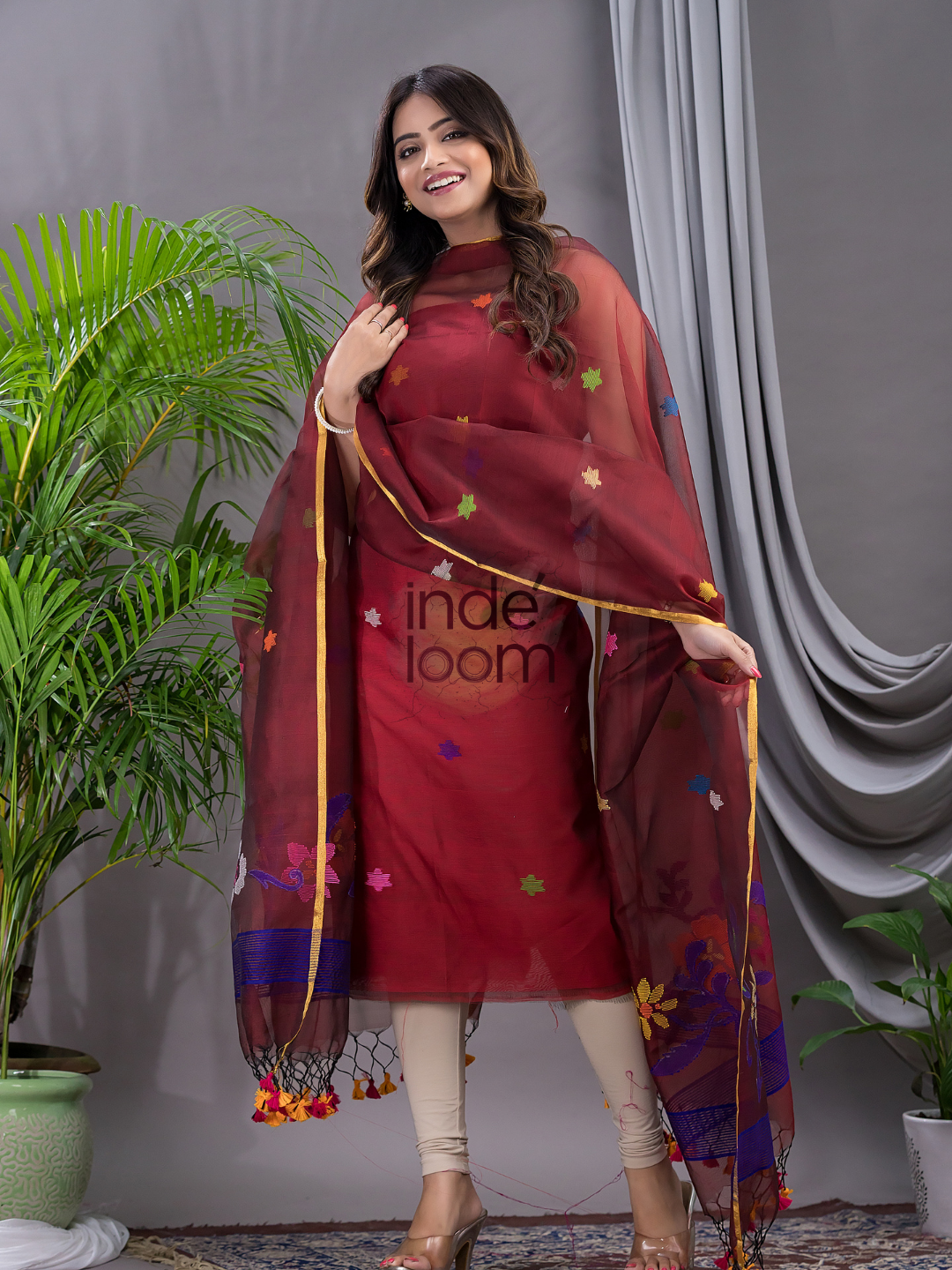 Cherry Red Cotton Silk Jamdani 2-Piece Set Kurti & Dupatta (UNSTITCHED) - 105