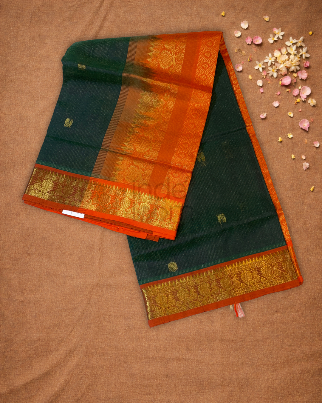Handloom Korvai Silk Cotton Saree  |  Bottle Green