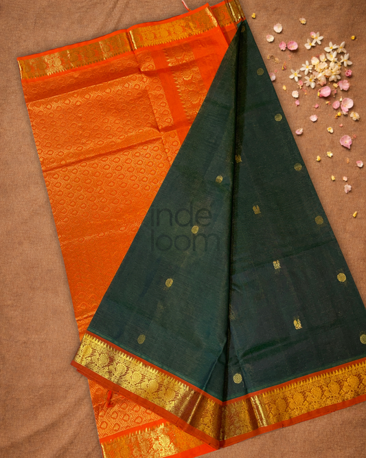 Handloom Korvai Silk Cotton Saree  |  Bottle Green