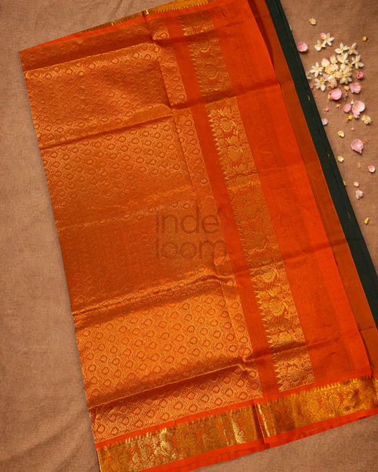 Handloom Korvai Silk Cotton Saree  |  Bottle Green