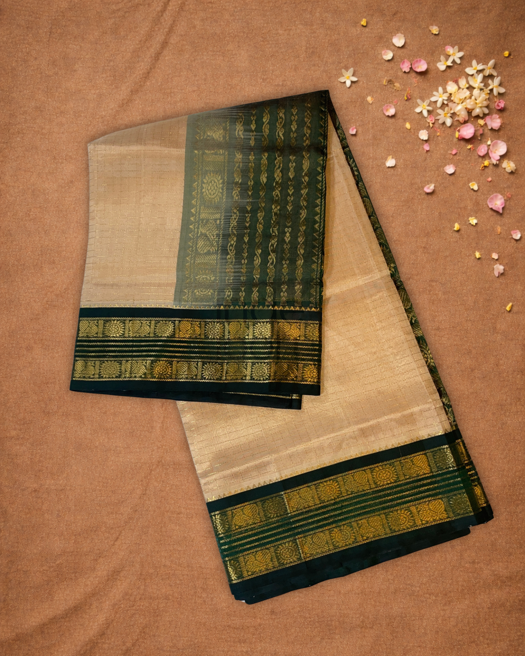 Handloom Korvai Silk Cotton Saree  |  Deep Teal