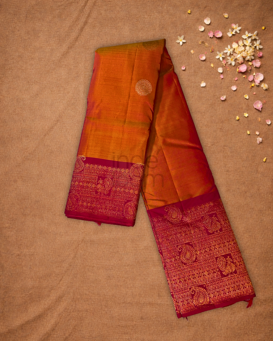 Silk Mark Certified Handloom Kanjivaram Silk Saree  |  Fire Orange
