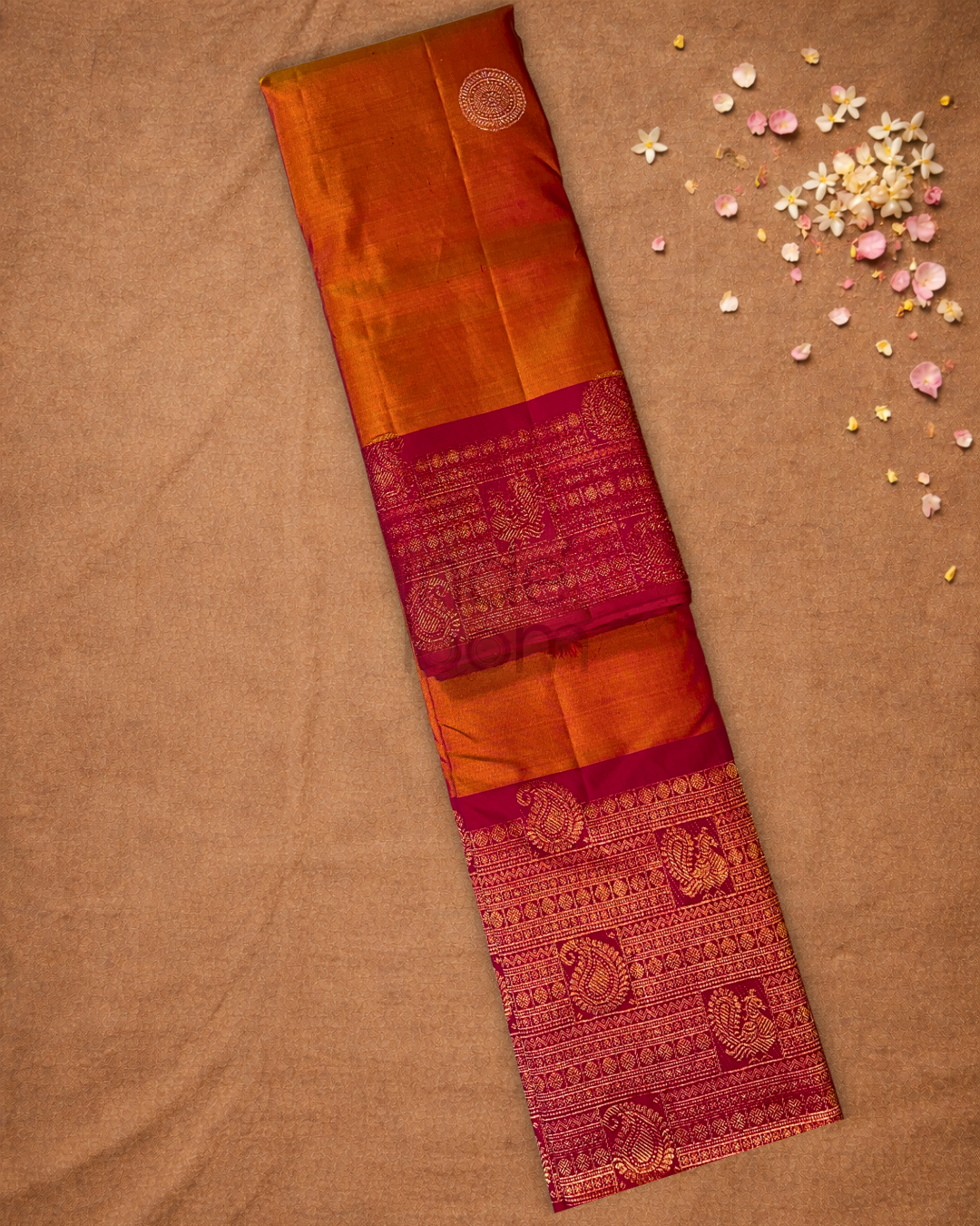 Silk Mark Certified Handloom Kanjivaram Silk Saree  |  Fire Orange