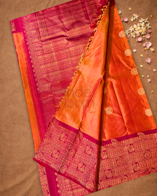 Silk Mark Certified Handloom Kanjivaram Silk Saree  |  Fire Orange