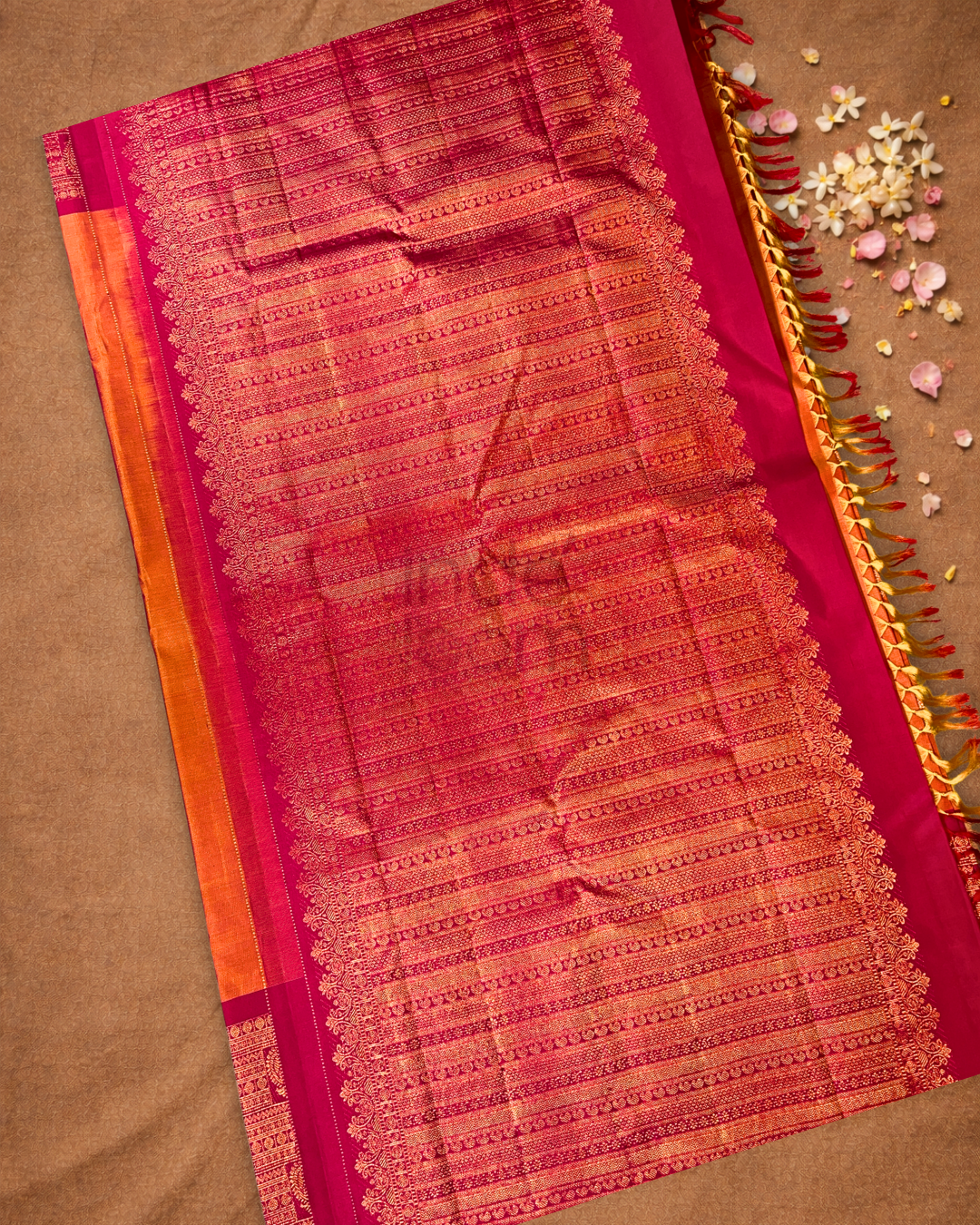 Silk Mark Certified Handloom Kanjivaram Silk Saree  |  Fire Orange