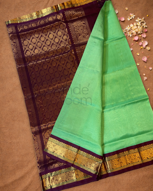 Handloom Korvai Silk Cotton Saree  |  Lime Green