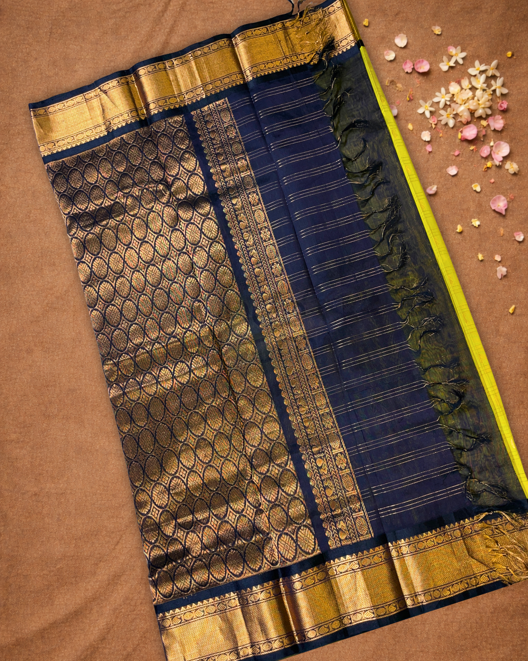 Handloom Korvai Silk Cotton Saree  |  Lime Green