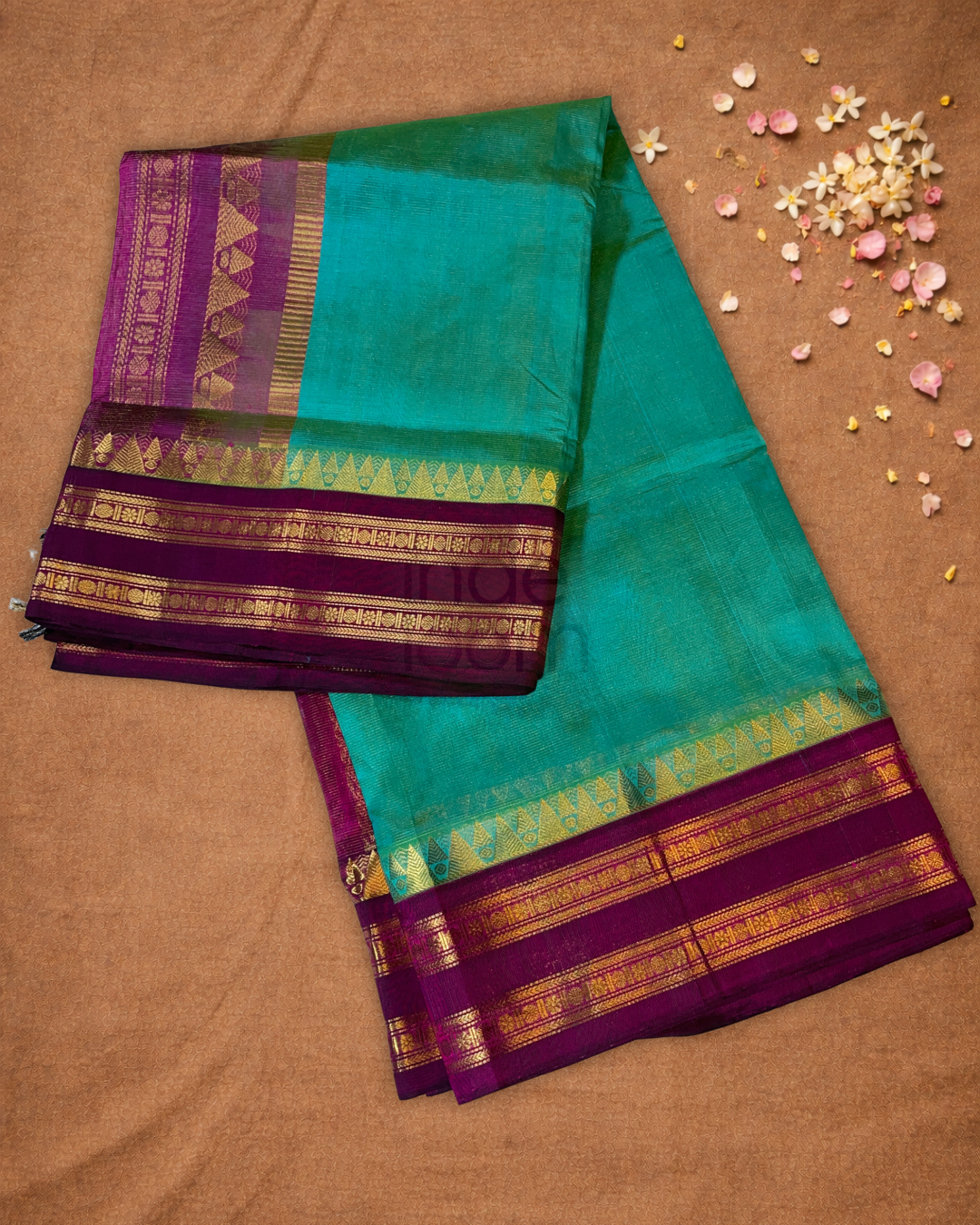 Handloom Korvai Silk Cotton Saree  |  Peacock Teal