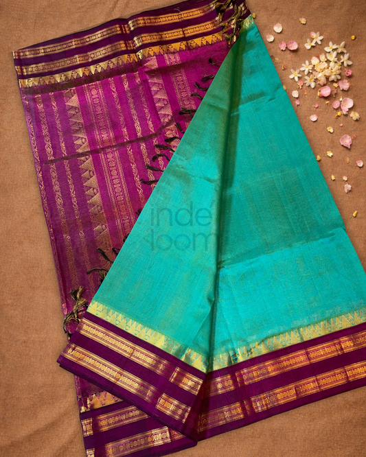 Handloom Korvai Silk Cotton Saree  |  Peacock Teal