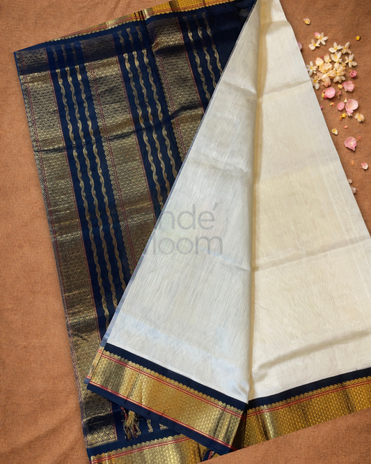 Handloom Korvai Silk Cotton Saree  |  Warm Ivory