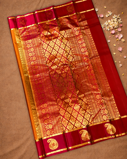 Handloom Kanjivaram Silk Saree  |  Fire Orange