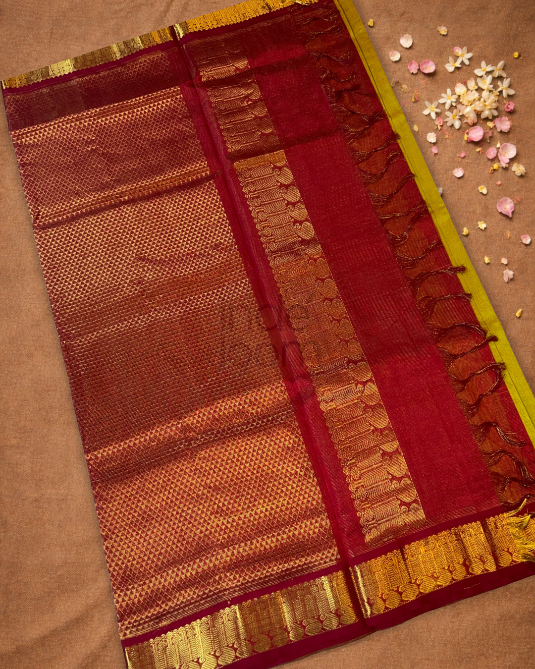 Handloom Korvai Silk Cotton Saree  |  Lime Green
